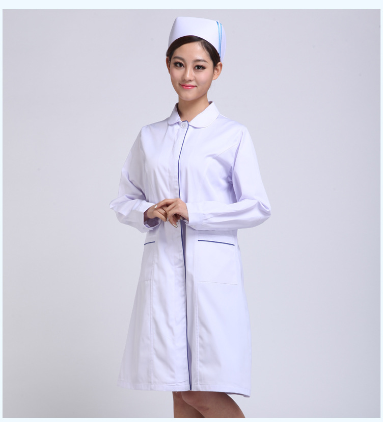 護士服冬裝娃娃領白色加藍邊 長袖醫生服護士服白大褂